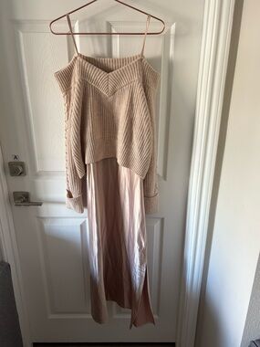 JS71 Layered Knit Sweater Satin Slip Dress Size M